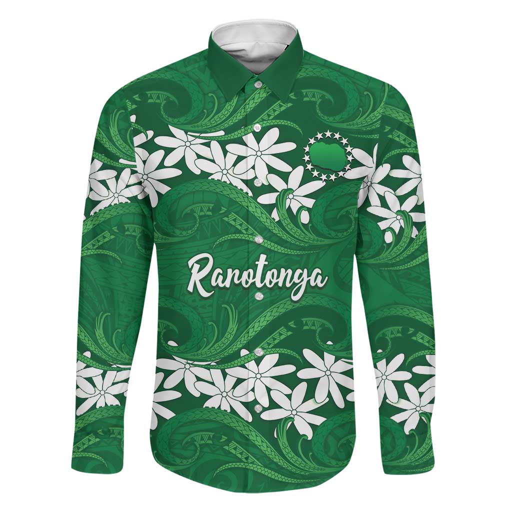 Personalised Cook Islands Rarotonga Family Matching Off Shoulder Short Dress and Hawaiian Shirt Tiare Maori Polynesian Waves Tattoo LT14 Dad's Shirt - Long Sleeve Green - Polynesian Pride