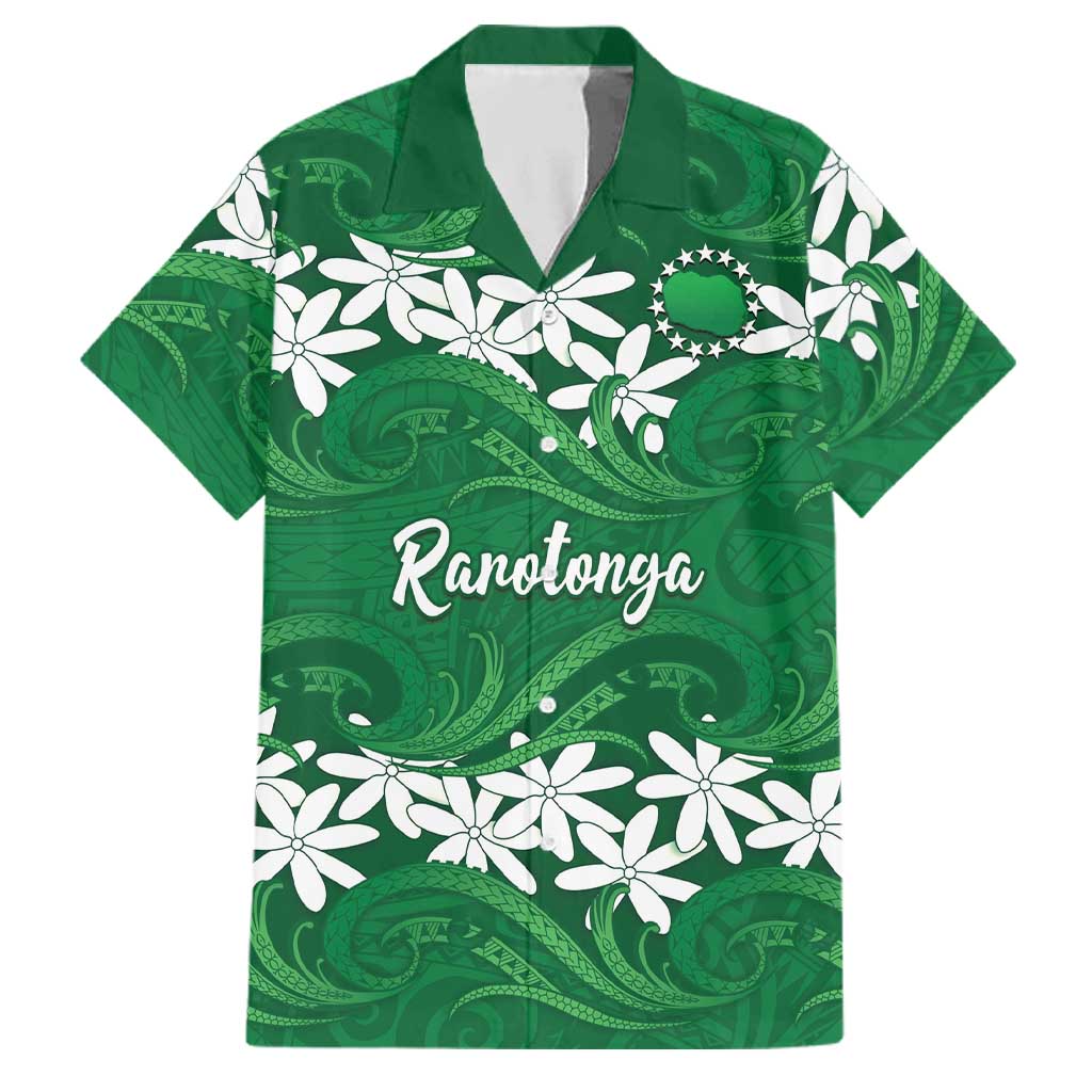 Personalised Cook Islands Rarotonga Family Matching Puletasi and Hawaiian Shirt Tiare Maori Polynesian Waves Tattoo LT14 Dad's Shirt - Short Sleeve Green - Polynesian Pride