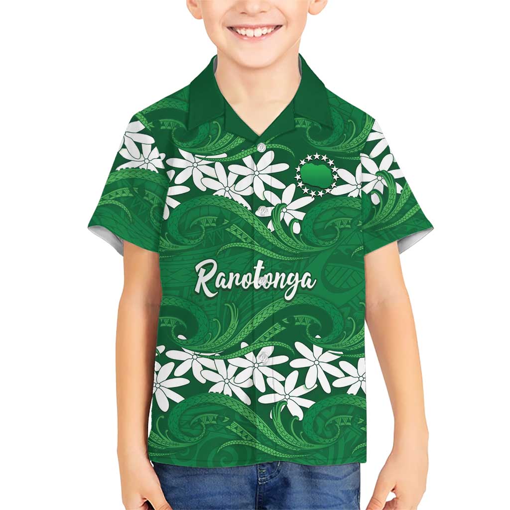Personalised Cook Islands Rarotonga Family Matching Summer Maxi Dress and Hawaiian Shirt Tiare Maori Polynesian Waves Tattoo LT14 Son's Shirt Green - Polynesian Pride
