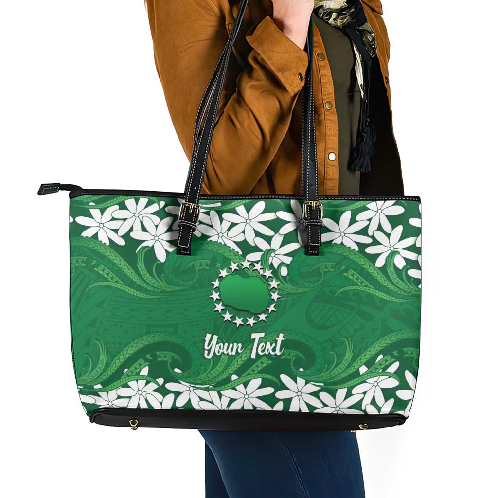 Personalised Cook Islands Rarotonga Leather Tote Bag Tiare Maori Polynesian Waves Tattoo