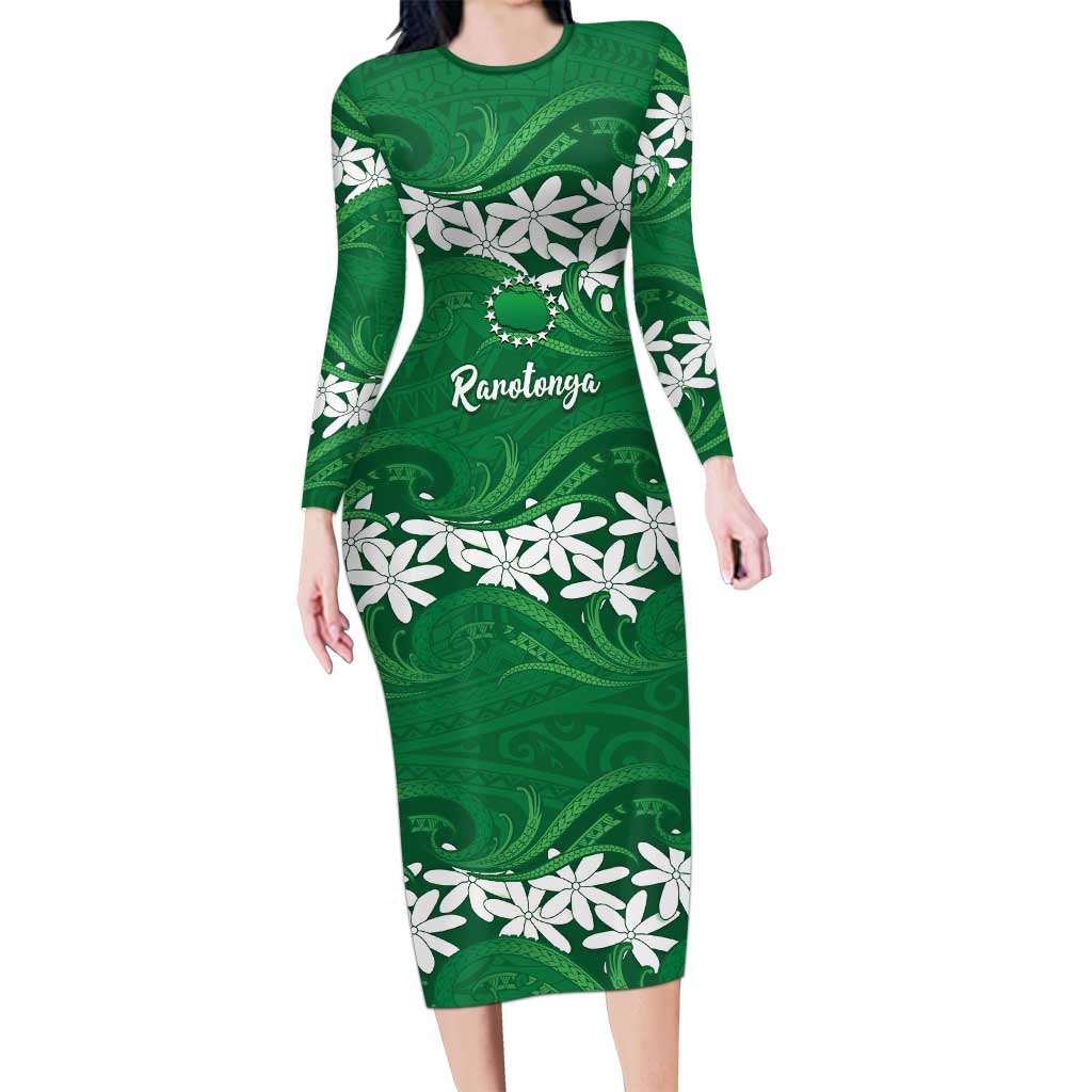 Personalised Cook Islands Rarotonga Long Sleeve Bodycon Dress Tiare Maori Polynesian Waves Tattoo