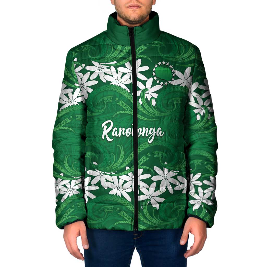 Personalised Cook Islands Rarotonga Padded Jacket Tiare Maori Polynesian Waves Tattoo