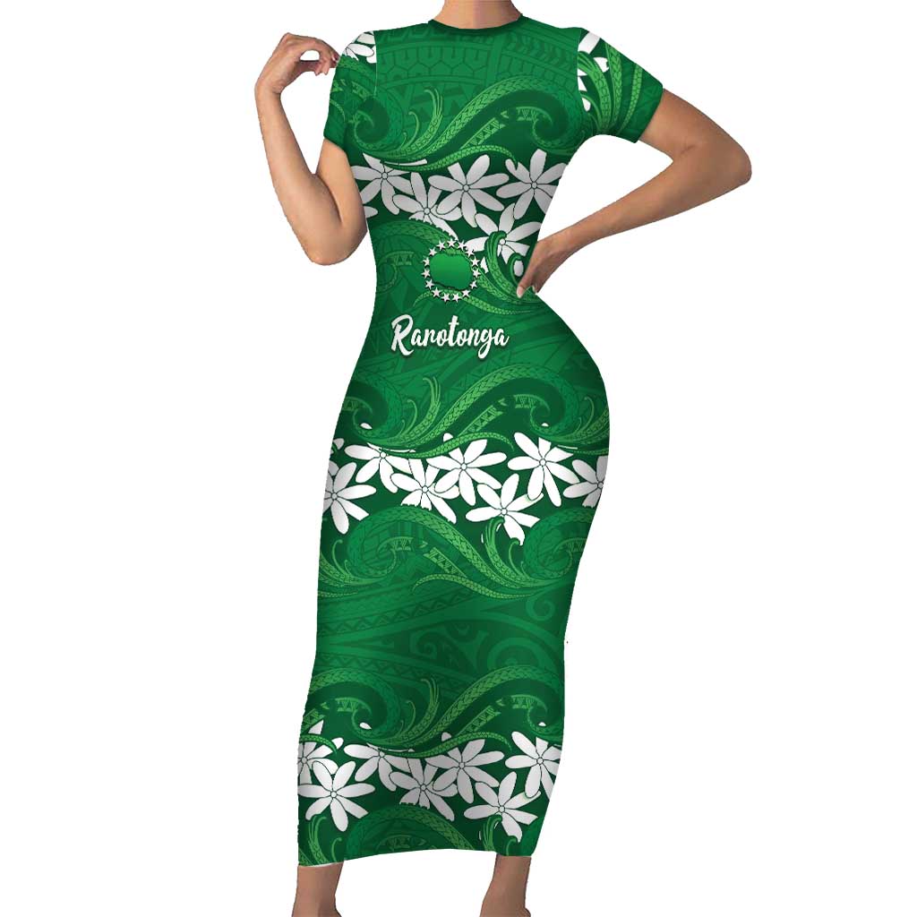 Personalised Cook Islands Rarotonga Short Sleeve Bodycon Dress Tiare Maori Polynesian Waves Tattoo