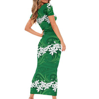 Personalised Cook Islands Rarotonga Short Sleeve Bodycon Dress Tiare Maori Polynesian Waves Tattoo