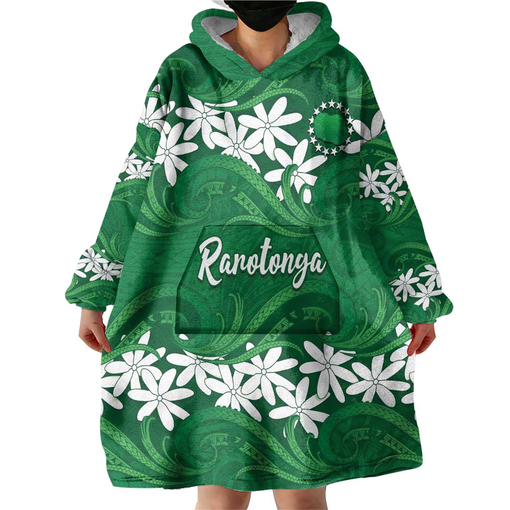 Personalised Cook Islands Rarotonga Wearable Blanket Hoodie Tiare Maori Polynesian Waves Tattoo