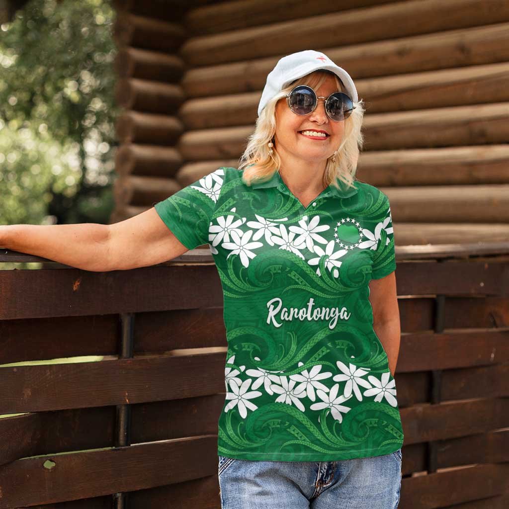 Personalised Cook Islands Rarotonga Women Polo Shirt Tiare Maori Polynesian Waves Tattoo