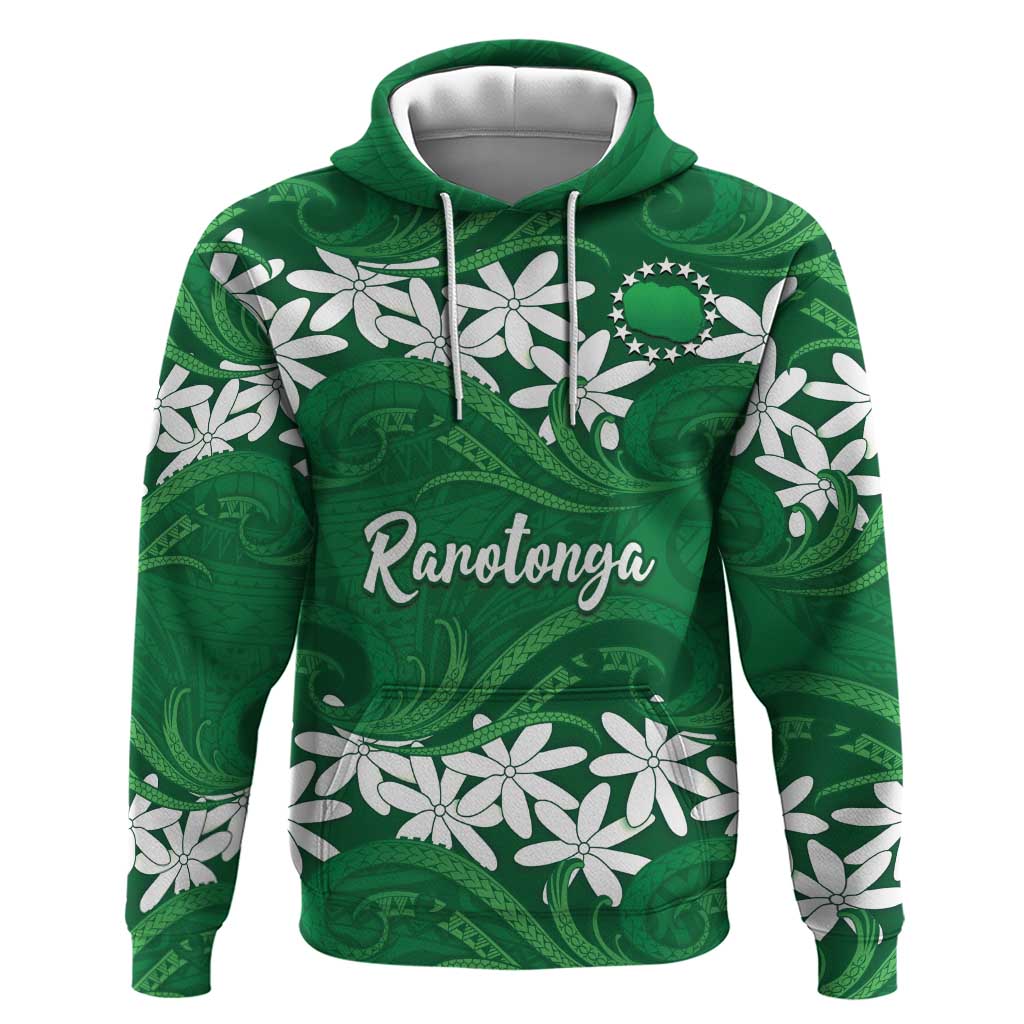 Personalised Cook Islands Rarotonga Zip Hoodie Tiare Maori Polynesian Waves Tattoo LT14 Pullover Hoodie Green - Polynesian Pride