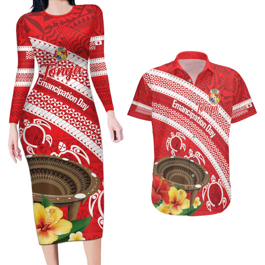 Kingdom Of Tonga Emancipation Day Couples Matching Long Sleeve Bodycon Dress and Hawaiian Shirt Tongan Ngatu With Kumete Red LT14 Red - Polynesian Pride