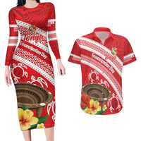 Kingdom Of Tonga Emancipation Day Couples Matching Long Sleeve Bodycon Dress and Hawaiian Shirt Tongan Ngatu With Kumete Red LT14 Red - Polynesian Pride