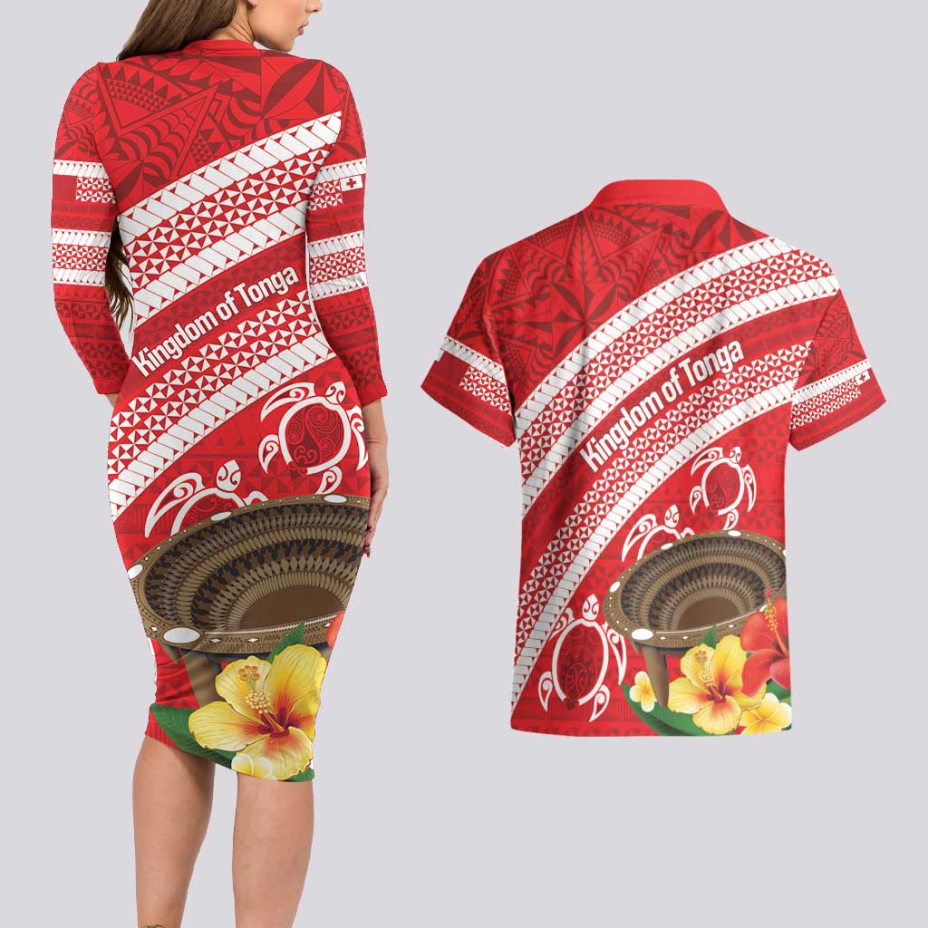 Kingdom Of Tonga Emancipation Day Couples Matching Long Sleeve Bodycon Dress and Hawaiian Shirt Tongan Ngatu With Kumete Red LT14 - Polynesian Pride
