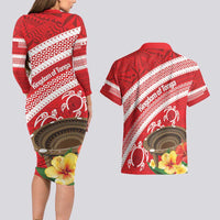 Kingdom Of Tonga Emancipation Day Couples Matching Long Sleeve Bodycon Dress and Hawaiian Shirt Tongan Ngatu With Kumete Red LT14 - Polynesian Pride