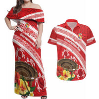 Kingdom Of Tonga Emancipation Day Couples Matching Off Shoulder Maxi Dress and Hawaiian Shirt Tongan Ngatu With Kumete Red