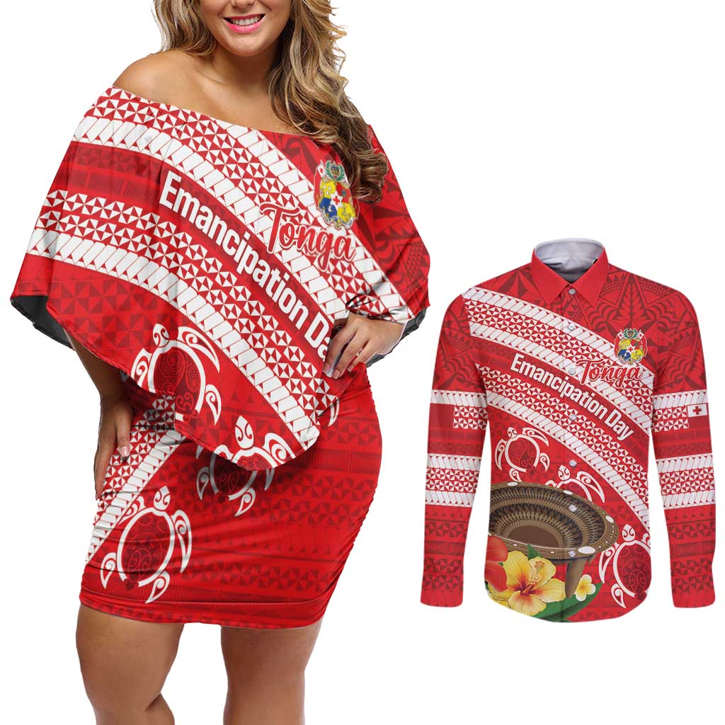 Kingdom Of Tonga Emancipation Day Couples Matching Off Shoulder Short Dress and Long Sleeve Button Shirt Tongan Ngatu With Kumete Red