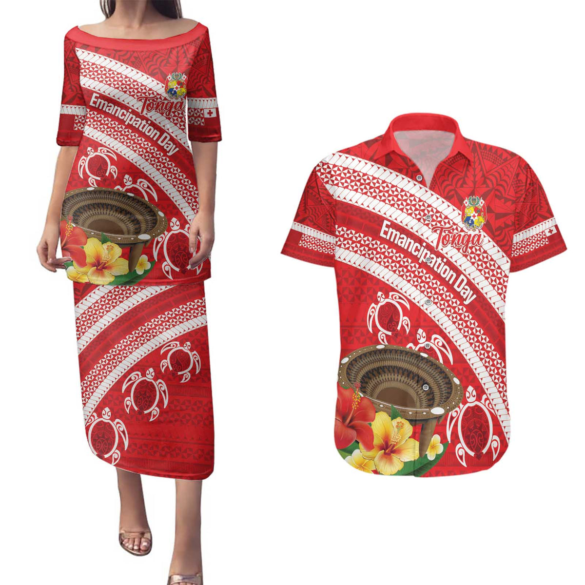Kingdom Of Tonga Emancipation Day Couples Matching Puletasi and Hawaiian Shirt Tongan Ngatu With Kumete Red LT14 Red - Polynesian Pride