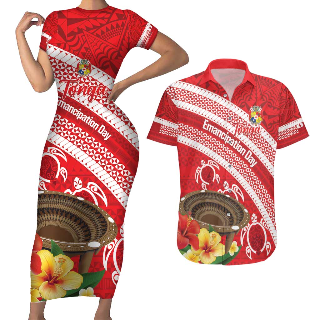 Kingdom Of Tonga Emancipation Day Couples Matching Short Sleeve Bodycon Dress and Hawaiian Shirt Tongan Ngatu With Kumete Red LT14 Red - Polynesian Pride