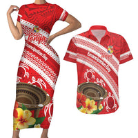 Kingdom Of Tonga Emancipation Day Couples Matching Short Sleeve Bodycon Dress and Hawaiian Shirt Tongan Ngatu With Kumete Red LT14 Red - Polynesian Pride