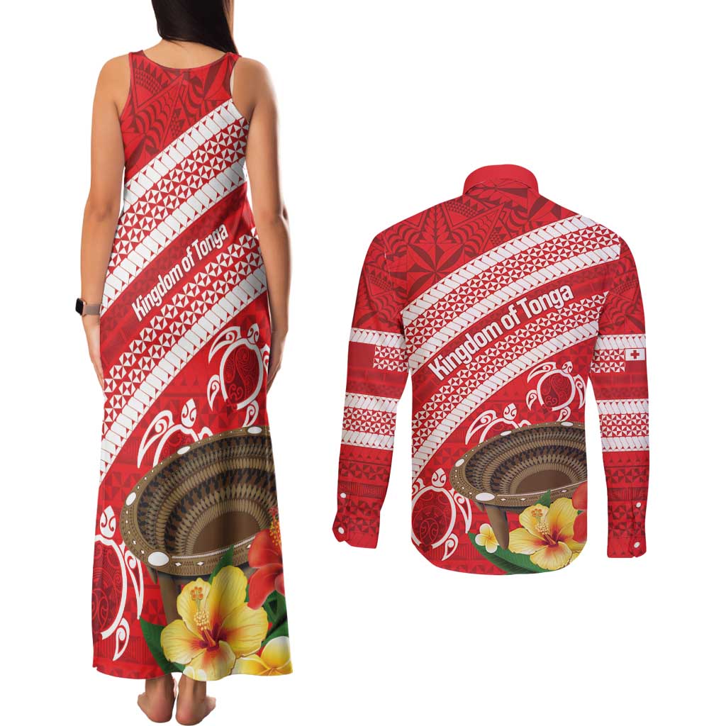 Kingdom Of Tonga Emancipation Day Couples Matching Tank Maxi Dress and Long Sleeve Button Shirt Tongan Ngatu With Kumete Red LT14 - Polynesian Pride