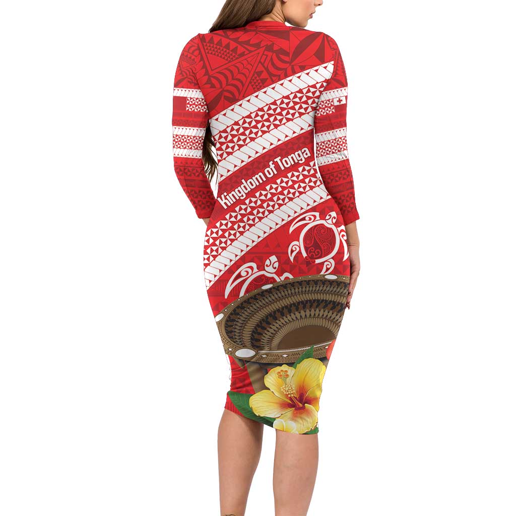 Kingdom Of Tonga Emancipation Day Family Matching Long Sleeve Bodycon Dress and Hawaiian Shirt Tongan Ngatu With Kumete Red