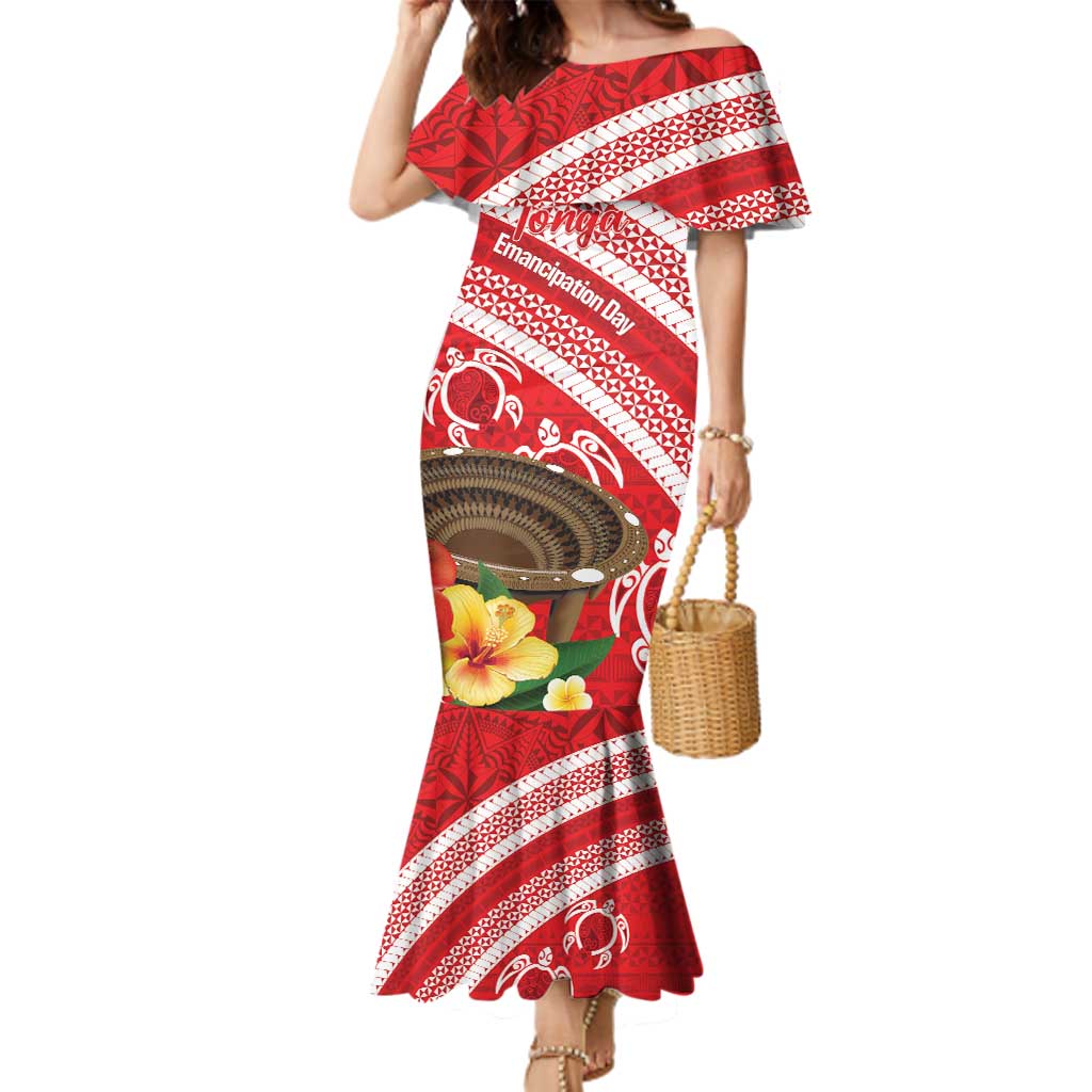 Kingdom Of Tonga Emancipation Day Family Matching Mermaid Dress and Hawaiian Shirt Tongan Ngatu With Kumete Red