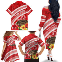 Kingdom Of Tonga Emancipation Day Family Matching Off The Shoulder Long Sleeve Dress and Hawaiian Shirt Tongan Ngatu With Kumete Red LT14 - Polynesian Pride