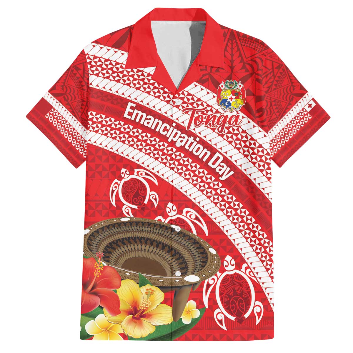 Kingdom Of Tonga Emancipation Day Family Matching Off The Shoulder Long Sleeve Dress and Hawaiian Shirt Tongan Ngatu With Kumete Red LT14 Dad's Shirt - Short Sleeve Red - Polynesian Pride