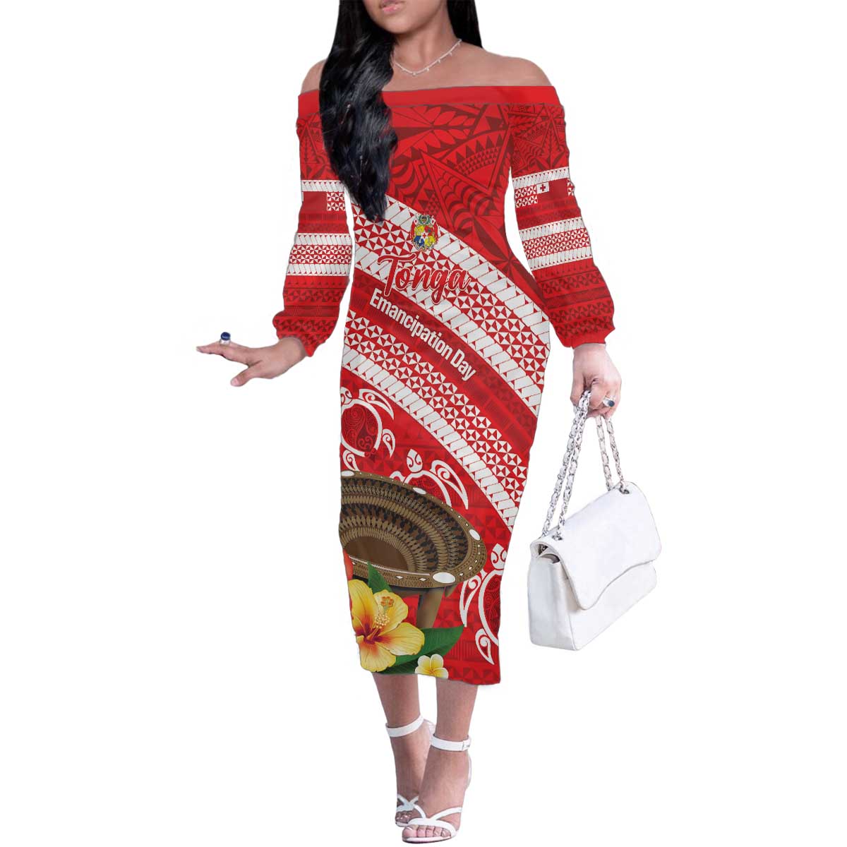Kingdom Of Tonga Emancipation Day Family Matching Off The Shoulder Long Sleeve Dress and Hawaiian Shirt Tongan Ngatu With Kumete Red LT14 Mom's Dress Red - Polynesian Pride