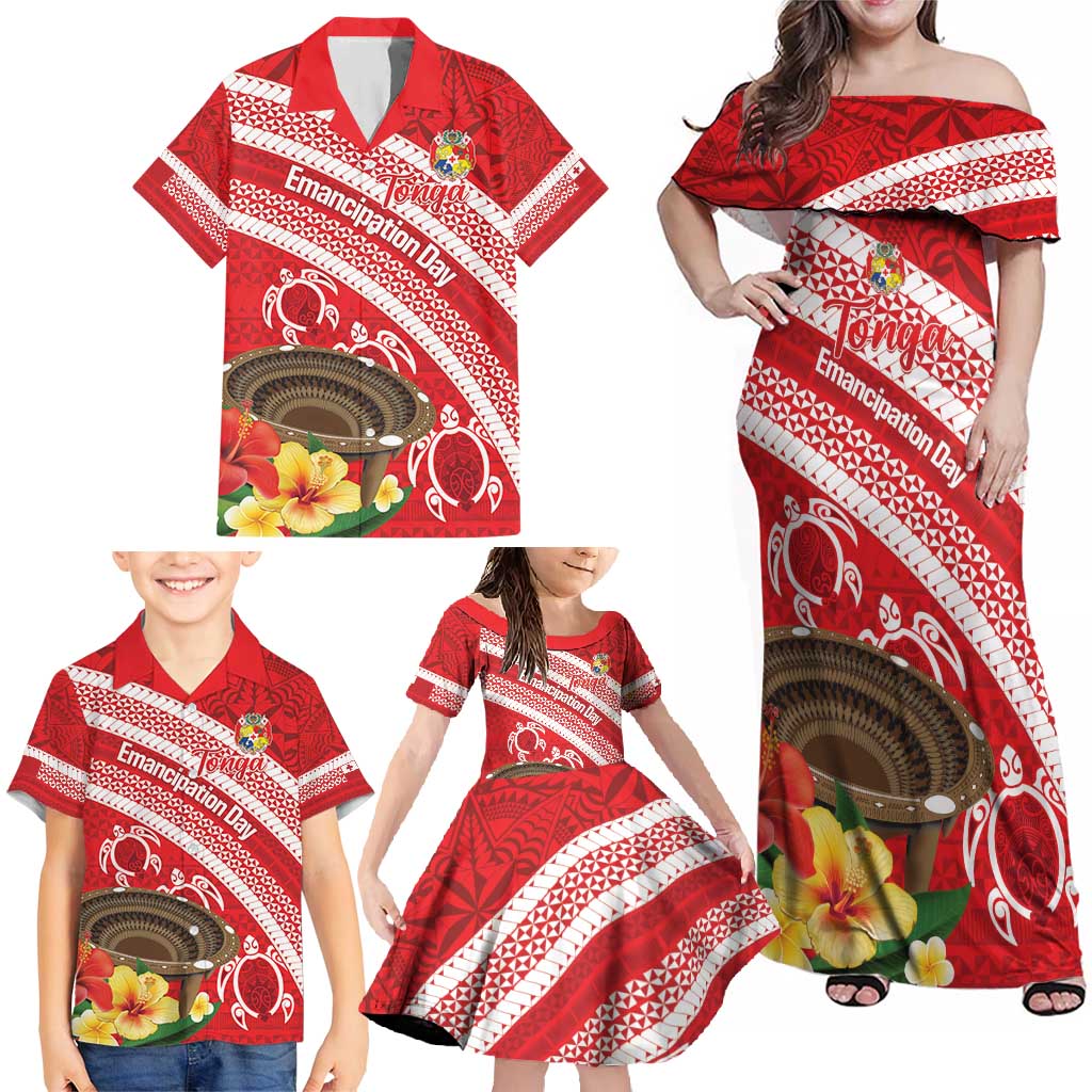 Kingdom Of Tonga Emancipation Day Family Matching Off Shoulder Maxi Dress and Hawaiian Shirt Tongan Ngatu With Kumete Red