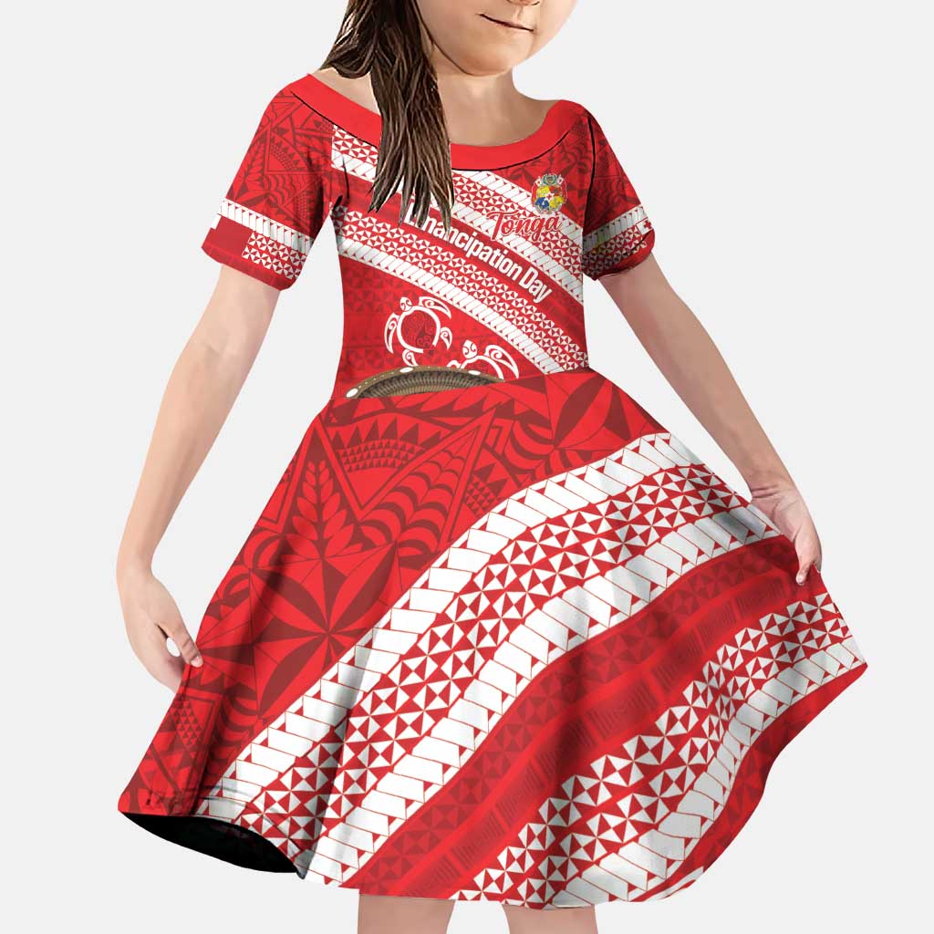 Kingdom Of Tonga Emancipation Day Family Matching Puletasi and Hawaiian Shirt Tongan Ngatu With Kumete Red LT14 Daughter's Dress Red - Polynesian Pride