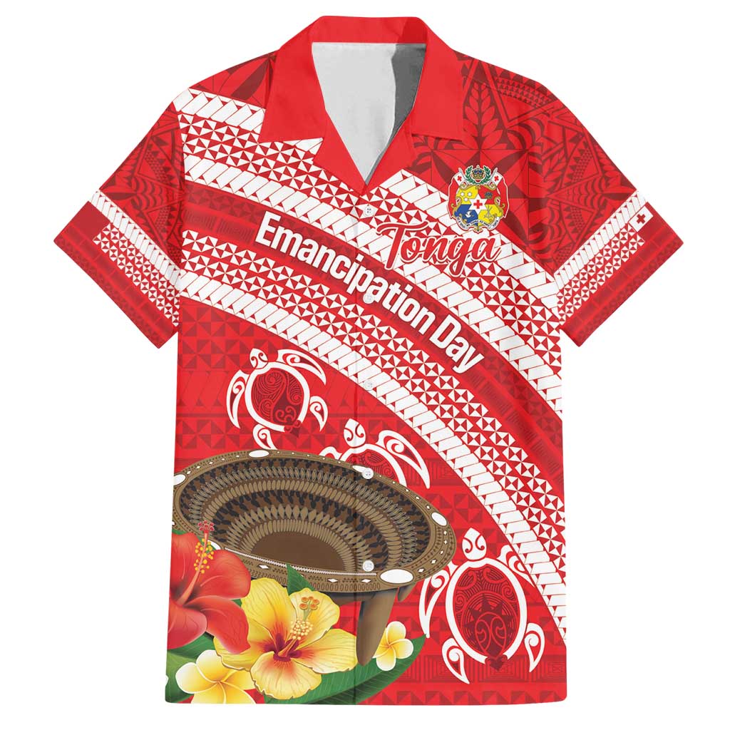 Kingdom Of Tonga Emancipation Day Family Matching Puletasi and Hawaiian Shirt Tongan Ngatu With Kumete Red LT14 Dad's Shirt - Short Sleeve Red - Polynesian Pride