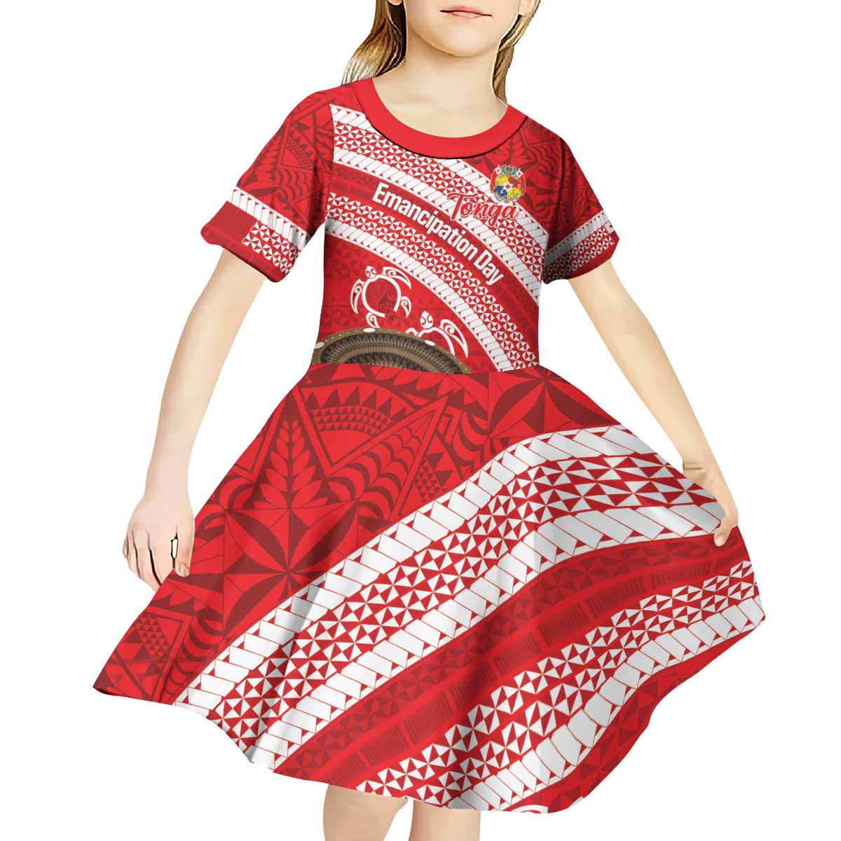 Kingdom Of Tonga Emancipation Day Kid Short Sleeve Dress Tongan Ngatu With Kumete Red