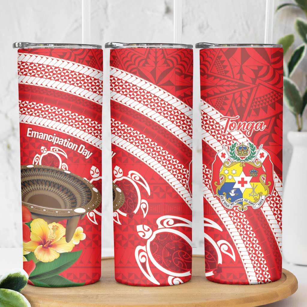 Kingdom Of Tonga Emancipation Day Skinny Tumbler Tongan Ngatu With Kumete Red LT14 - Polynesian Pride