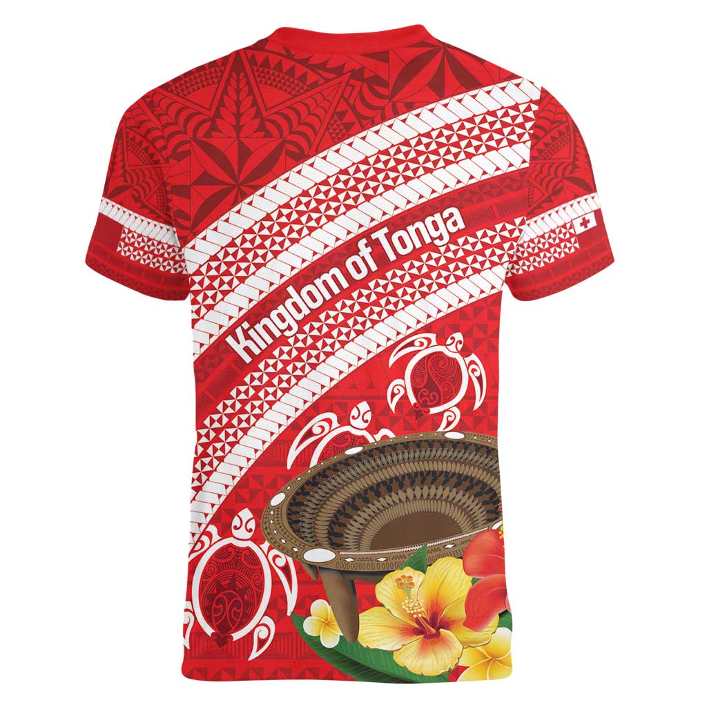 Kingdom Of Tonga Emancipation Day Women V-Neck T-Shirt Tongan Ngatu With Kumete Red LT14 - Polynesian Pride
