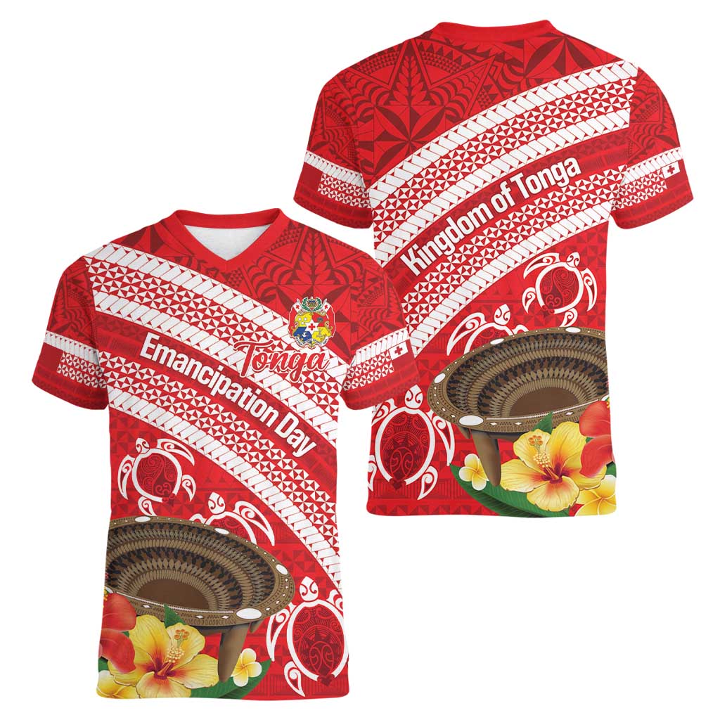 Kingdom Of Tonga Emancipation Day Women V-Neck T-Shirt Tongan Ngatu With Kumete Red LT14 - Polynesian Pride