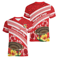 Kingdom Of Tonga Emancipation Day Women V-Neck T-Shirt Tongan Ngatu With Kumete Red LT14 - Polynesian Pride