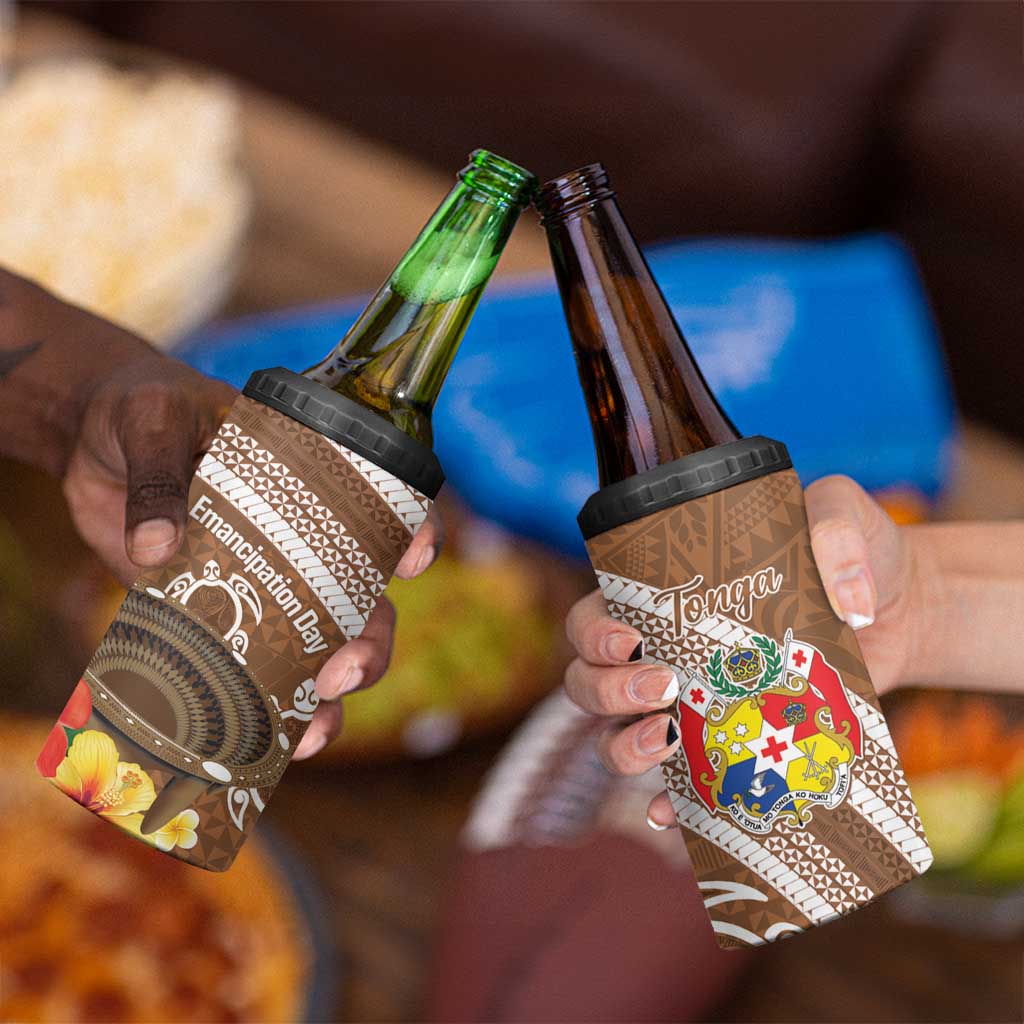 Kingdom Of Tonga Emancipation Day 4 in 1 Can Cooler Tumbler Tongan Ngatu With Kumete Brown