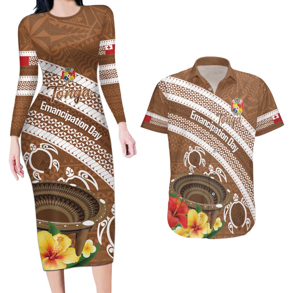 Kingdom Of Tonga Emancipation Day Couples Matching Long Sleeve Bodycon Dress and Hawaiian Shirt Tongan Ngatu With Kumete Brown LT14 Brown - Polynesian Pride