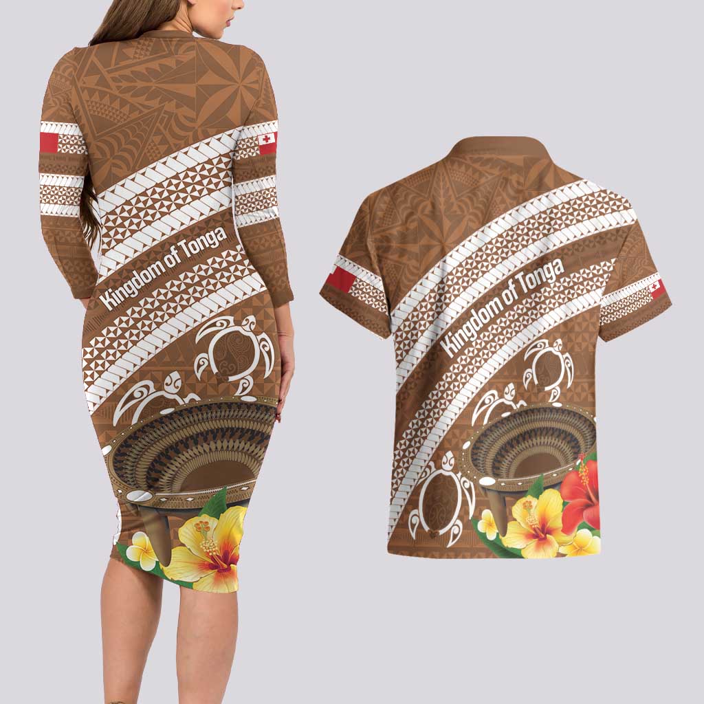 Kingdom Of Tonga Emancipation Day Couples Matching Long Sleeve Bodycon Dress and Hawaiian Shirt Tongan Ngatu With Kumete Brown LT14 - Polynesian Pride