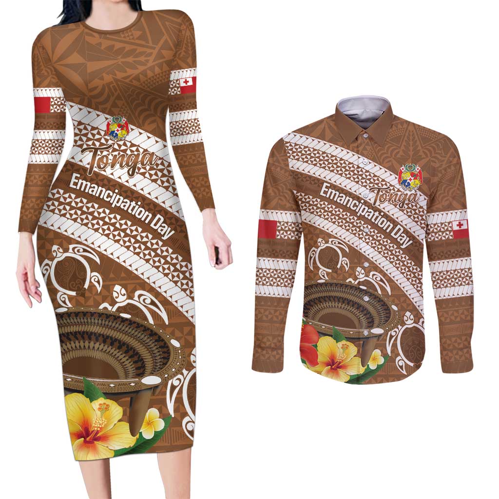 Kingdom Of Tonga Emancipation Day Couples Matching Long Sleeve Bodycon Dress and Long Sleeve Button Shirt Tongan Ngatu With Kumete Brown LT14 Brown - Polynesian Pride