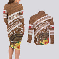 Kingdom Of Tonga Emancipation Day Couples Matching Long Sleeve Bodycon Dress and Long Sleeve Button Shirt Tongan Ngatu With Kumete Brown LT14 - Polynesian Pride
