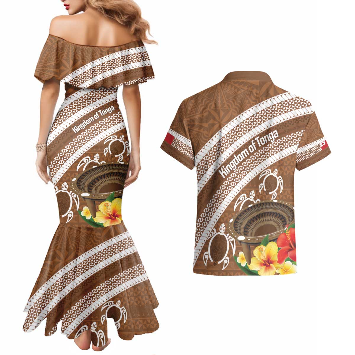 Kingdom Of Tonga Emancipation Day Couples Matching Mermaid Dress and Hawaiian Shirt Tongan Ngatu With Kumete Brown LT14 - Polynesian Pride