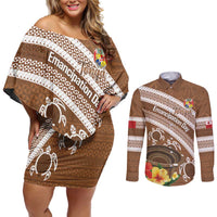 Kingdom Of Tonga Emancipation Day Couples Matching Off Shoulder Short Dress and Long Sleeve Button Shirt Tongan Ngatu With Kumete Brown