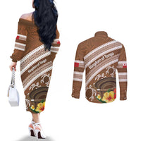 Kingdom Of Tonga Emancipation Day Couples Matching Off The Shoulder Long Sleeve Dress and Long Sleeve Button Shirt Tongan Ngatu With Kumete Brown LT14 - Polynesian Pride
