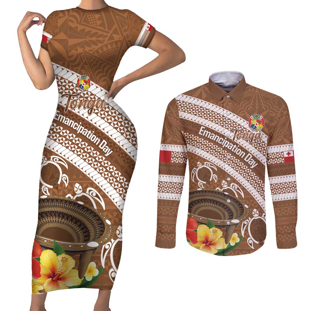 Kingdom Of Tonga Emancipation Day Couples Matching Short Sleeve Bodycon Dress and Long Sleeve Button Shirt Tongan Ngatu With Kumete Brown LT14 Brown - Polynesian Pride