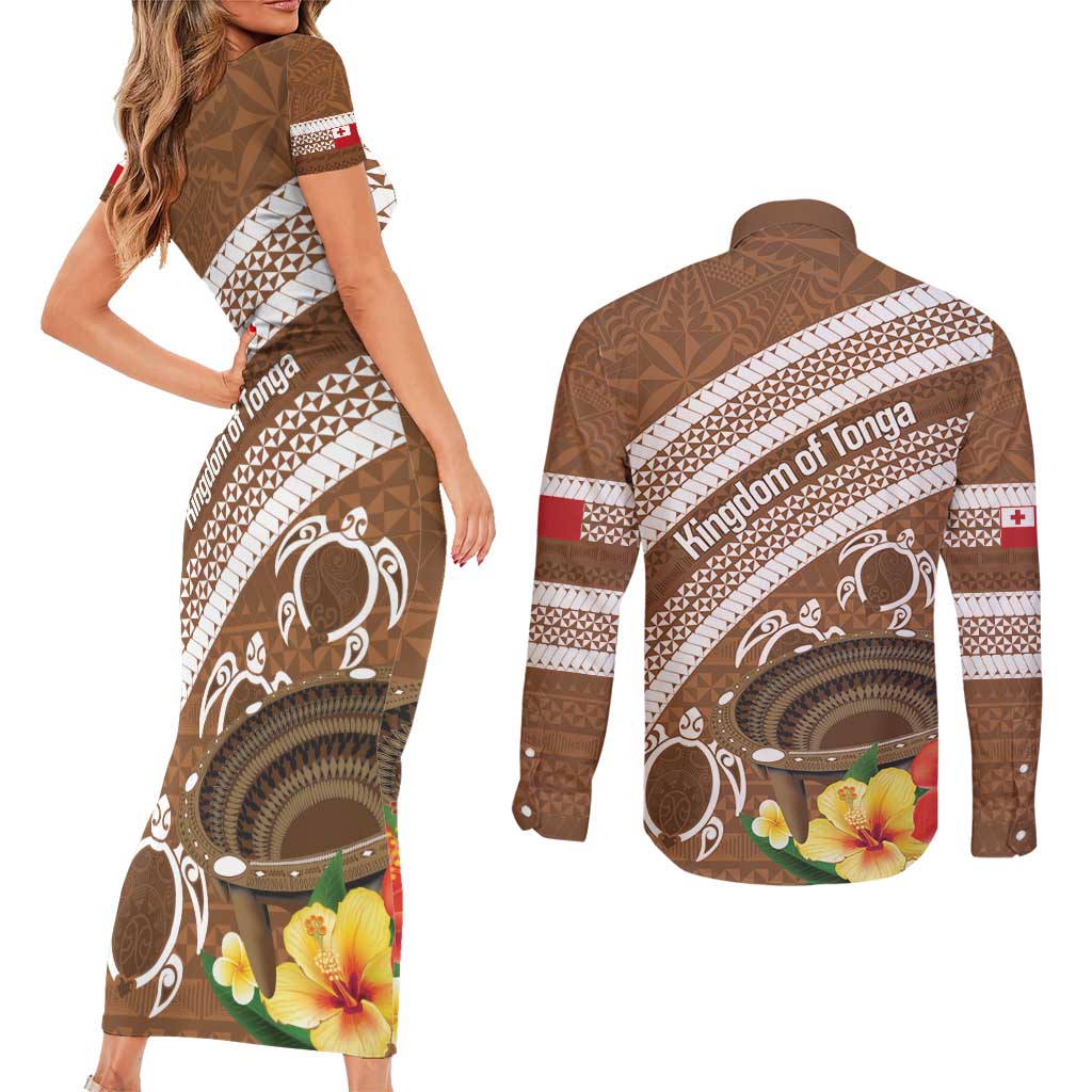 Kingdom Of Tonga Emancipation Day Couples Matching Short Sleeve Bodycon Dress and Long Sleeve Button Shirt Tongan Ngatu With Kumete Brown LT14 - Polynesian Pride