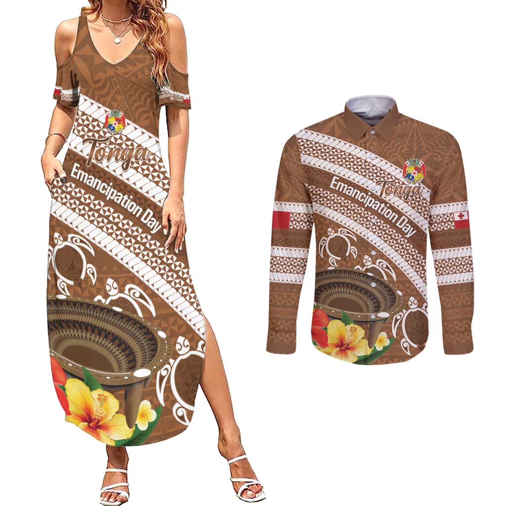 Kingdom Of Tonga Emancipation Day Couples Matching Summer Maxi Dress and Long Sleeve Button Shirt Tongan Ngatu With Kumete Brown LT14 Brown - Polynesian Pride
