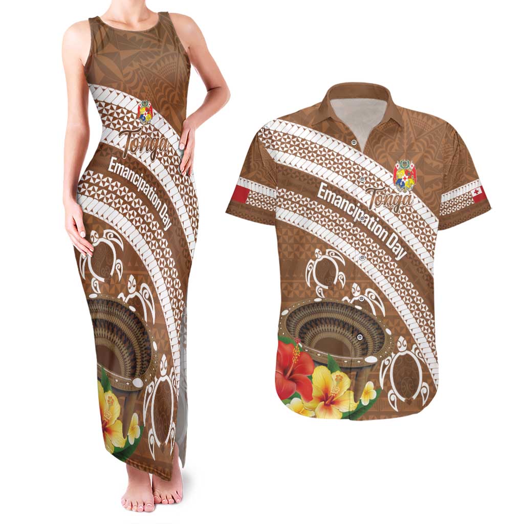 Kingdom Of Tonga Emancipation Day Couples Matching Tank Maxi Dress and Hawaiian Shirt Tongan Ngatu With Kumete Brown LT14 Brown - Polynesian Pride