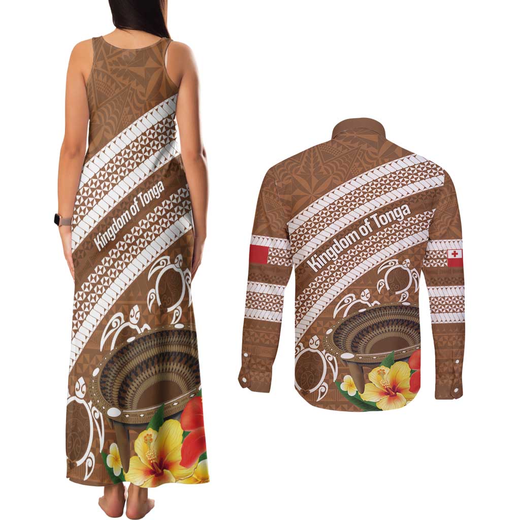 Kingdom Of Tonga Emancipation Day Couples Matching Tank Maxi Dress and Long Sleeve Button Shirt Tongan Ngatu With Kumete Brown LT14 - Polynesian Pride