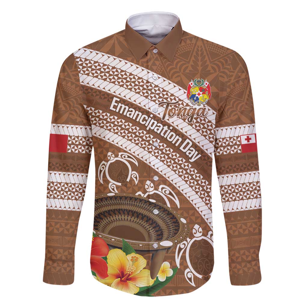 Kingdom Of Tonga Emancipation Day Family Matching Long Sleeve Bodycon Dress and Hawaiian Shirt Tongan Ngatu With Kumete Brown LT14 Dad's Shirt - Long Sleeve Brown - Polynesian Pride