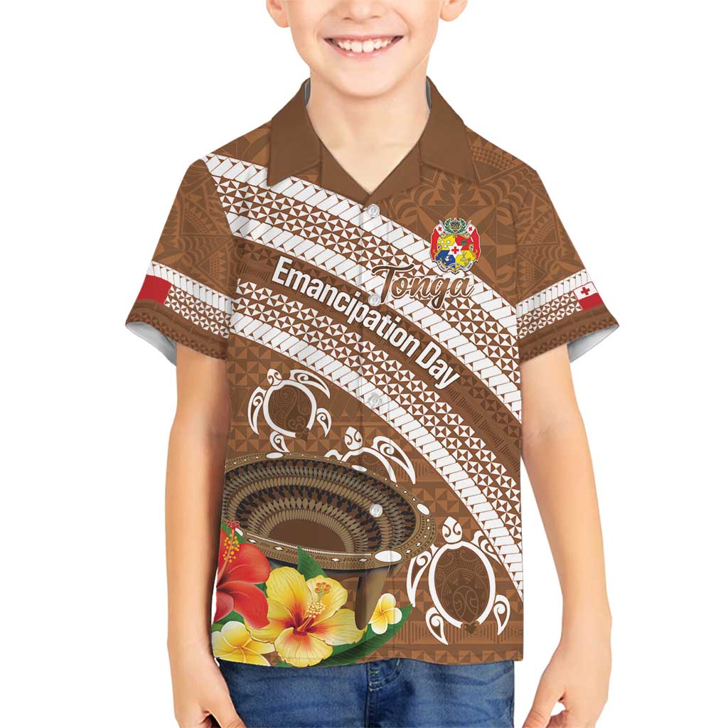 Kingdom Of Tonga Emancipation Day Family Matching Long Sleeve Bodycon Dress and Hawaiian Shirt Tongan Ngatu With Kumete Brown LT14 Son's Shirt Brown - Polynesian Pride