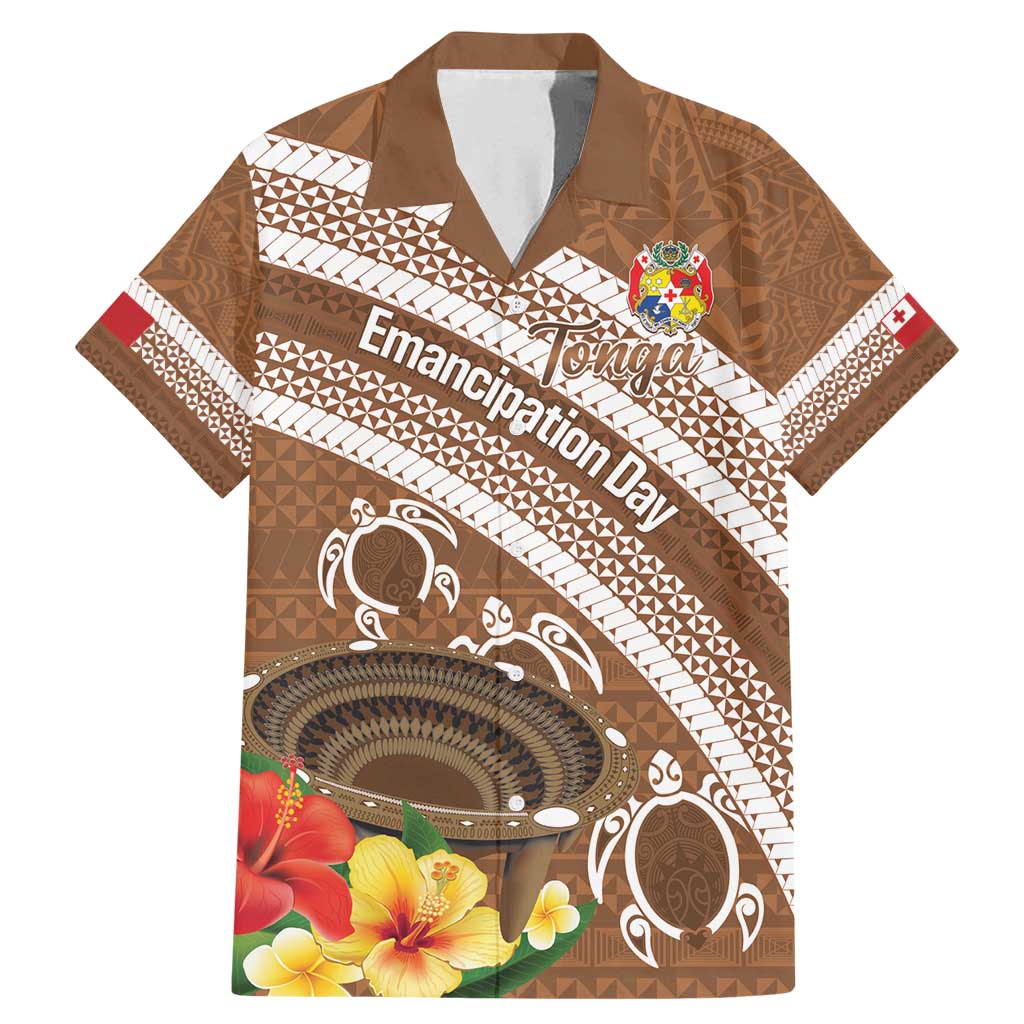 Kingdom Of Tonga Emancipation Day Family Matching Mermaid Dress and Hawaiian Shirt Tongan Ngatu With Kumete Brown LT14 Dad's Shirt - Short Sleeve Brown - Polynesian Pride
